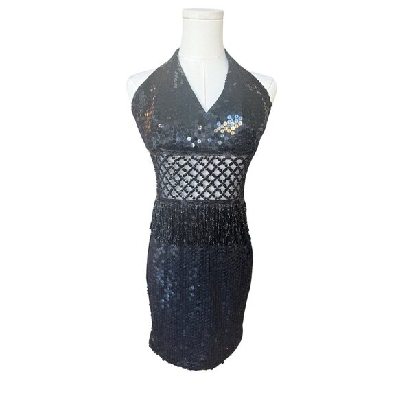 VTG Y2K Nite Way Sequin Prom Dress 8‎ Cut Out Fringe Mesh Mini Bodycon Cocktail - Picture 2 of 10